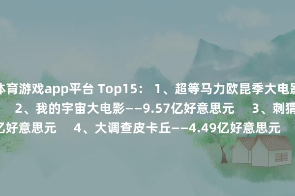 体育游戏app平台 Top15: 1、超等马力欧昆季大电影——13.61亿好意思元 2、我的宇宙大电影——9.57亿好意思元 3、刺猬索尼克3——4.62亿好意思元 4、大调查皮卡丘——4.49亿好意思元 5、魔兽——4.39亿好意思元 6、莽撞巨兽——4.28亿好意思元 7、奥妙海域——4.07亿好意思元 8、刺猬索尼克2——4.05亿好意